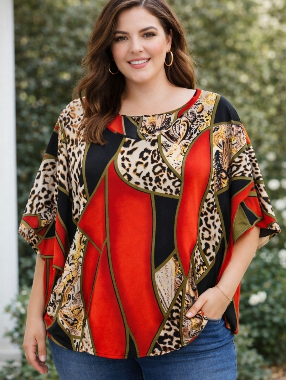 Plus Size 4XL Red Leopard Colorblock Batwing Blouse Stretch Top Women